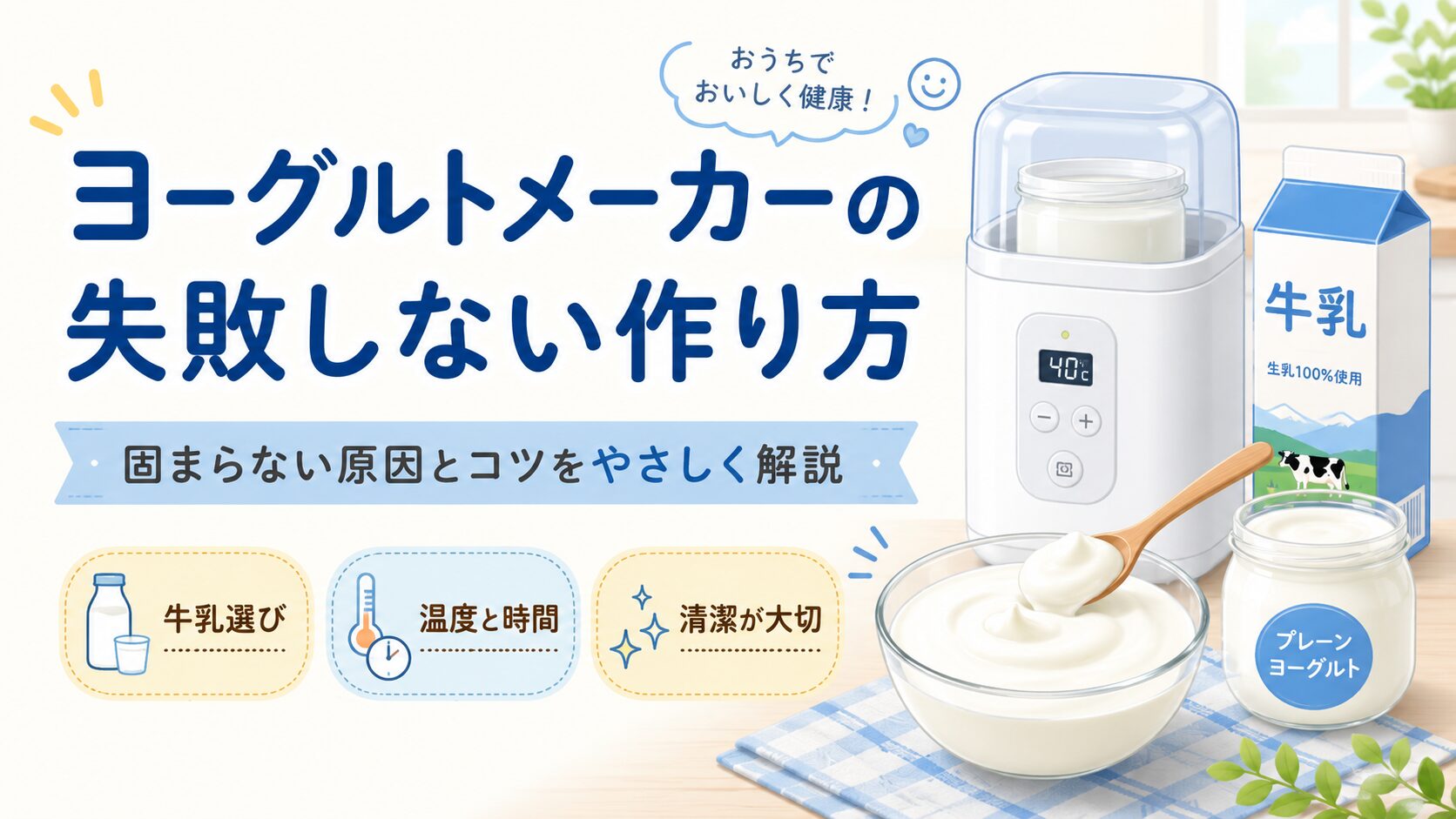 ヨーグルトメーカーで牛乳パックとプレーンヨーグルトを使って失敗しない作り方を紹介する写真